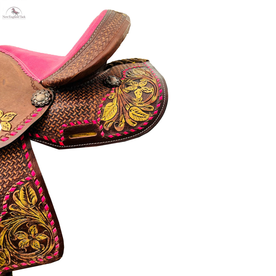 Resistance Youth / Pony Single Skirt Western Barrel Saddle With Floral And Basket Weave Tooling NewEngland Tack