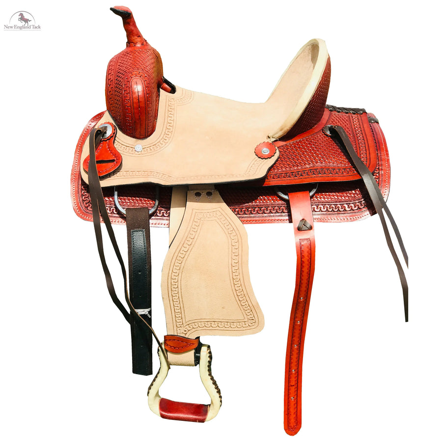 Resistance Youth Double Skirt Basket Weave Tooled Barrel Saddle With Rough Out Seat And Fender Newenglandtack