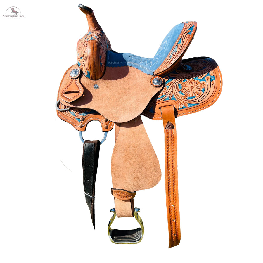 Resistance Youth Western Horse Barrel Saddle For Horse Riding | Floral Tooled With Silver Conchos | Genuine Leather 10" 12" 13" Midwest Equestrian Supply