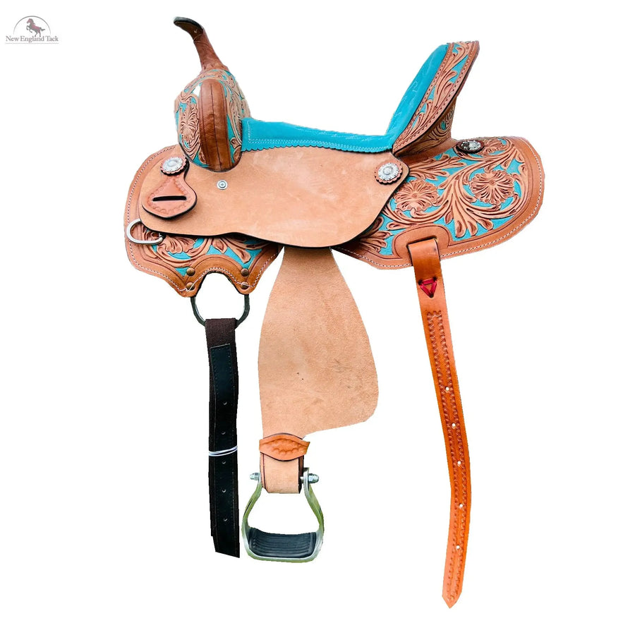 Resistance Youth Western Horse Barrel Saddle For Horse Riding | Floral Tooled With Silver Conchos | Genuine Leather 10" 12" 13" NewEngland Tack