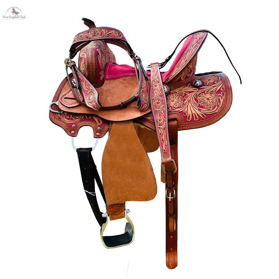 Resistance Youth Western Horse Barrel Saddle For Horse Riding | Floral Tooled With Silver Conchos | Genuine Leather 10" 12" 13" with Free Tackset NewEngland Tack