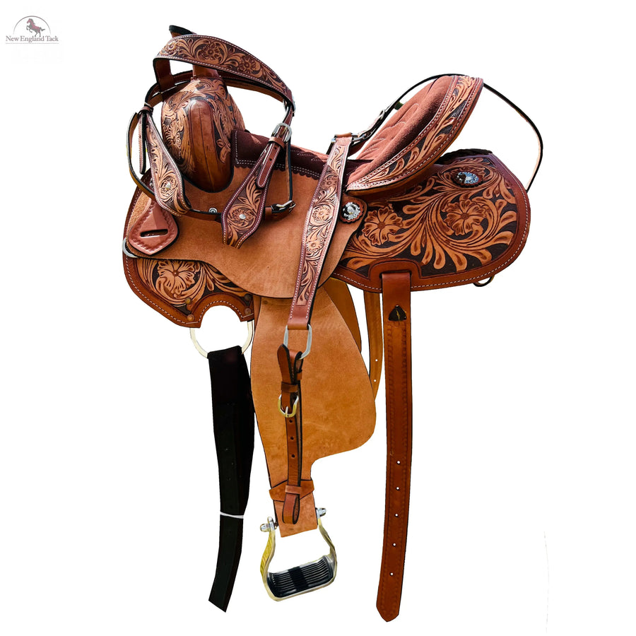 Resistance Youth Western Horse Barrel Saddle For Horse Riding | Floral Tooled With Silver Conchos | Genuine Leather 10" 12" 13" with Free Tackset NewEngland Tack