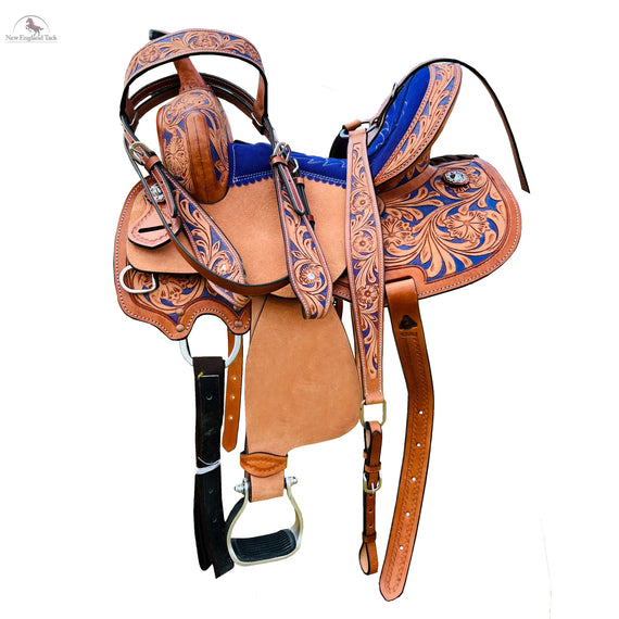Resistance Youth Western Horse Barrel Saddle For Horse Riding | Floral Tooled With Silver Conchos | Genuine Leather 10" 12" 13" with Free Tackset NewEngland Tack