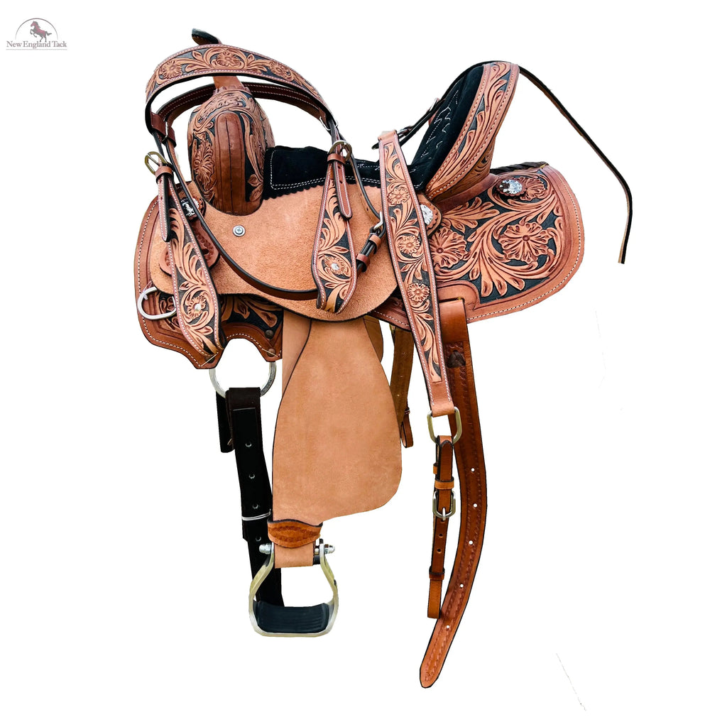 Resistance Youth Western Horse Barrel Saddle For Horse Riding | Floral Tooled With Silver Conchos | Genuine Leather 10" 12" 13" with Free Tackset NewEngland Tack