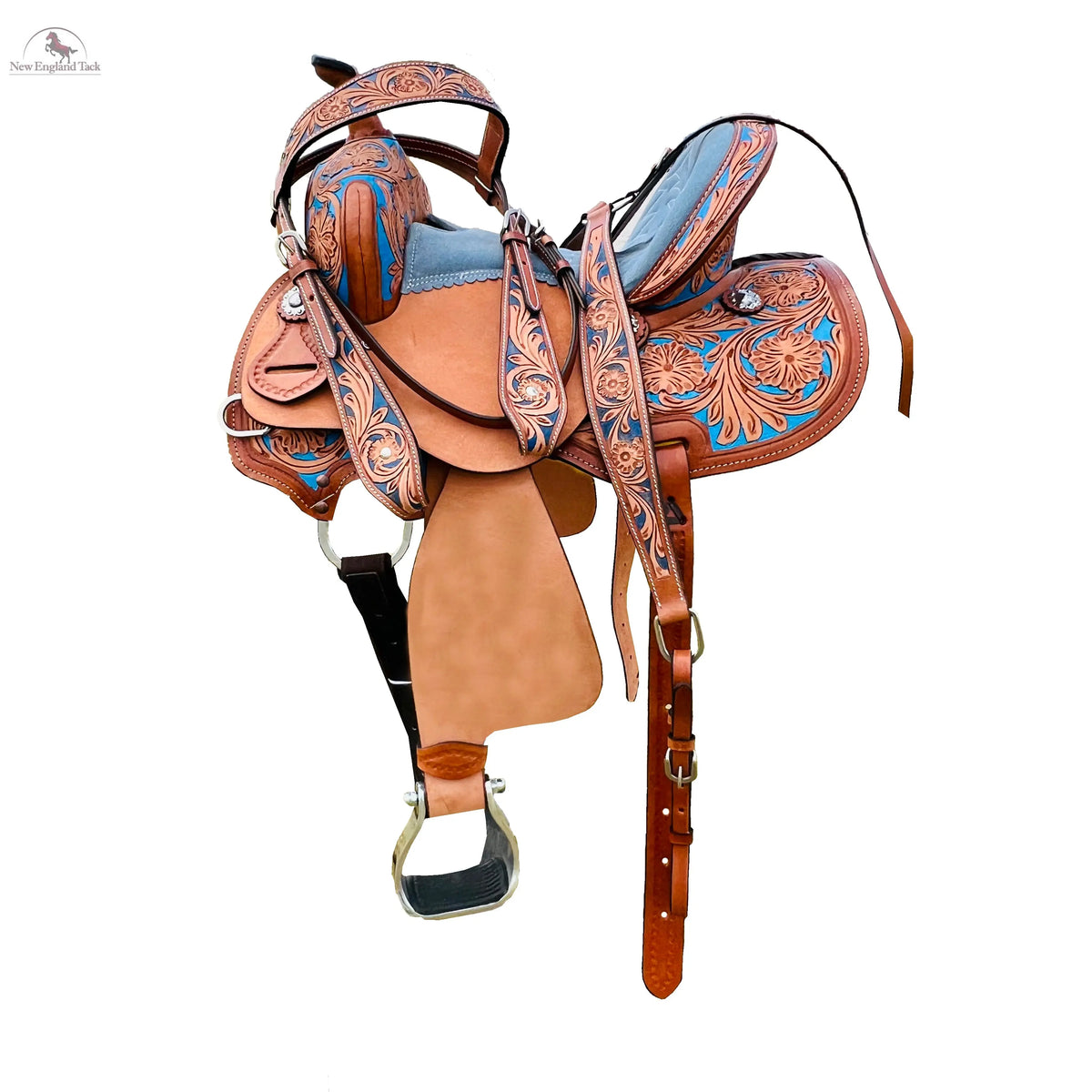 Resistance Youth Western Horse Barrel Saddle For Horse Riding | Floral Tooled With Silver Conchos | Genuine Leather 10" 12" 13" with Free Tackset NewEngland Tack