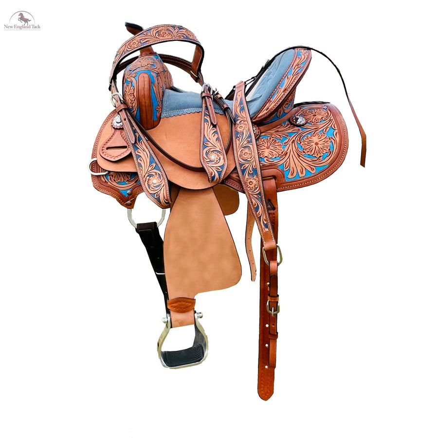 Resistance Youth Western Horse Barrel Saddle For Horse Riding | Floral Tooled With Silver Conchos | Genuine Leather 10" 12" 13" with Free Tackset NewEngland Tack