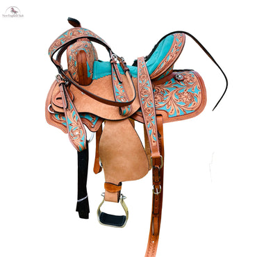 Resistance Youth Western Horse Barrel Saddle For Horse Riding | Floral Tooled With Silver Conchos | Genuine Leather 10" 12" 13" with Free Tackset NewEngland Tack