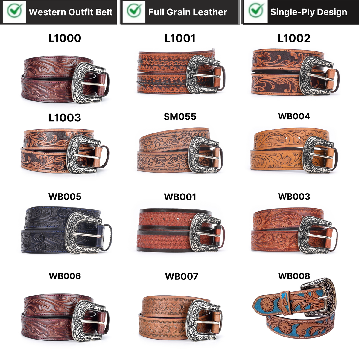 Resistance Classic Western Style Full Grain Leather Belt 1-1/2"(38mm) Wide- Comfortable Accessory With Free Buckle