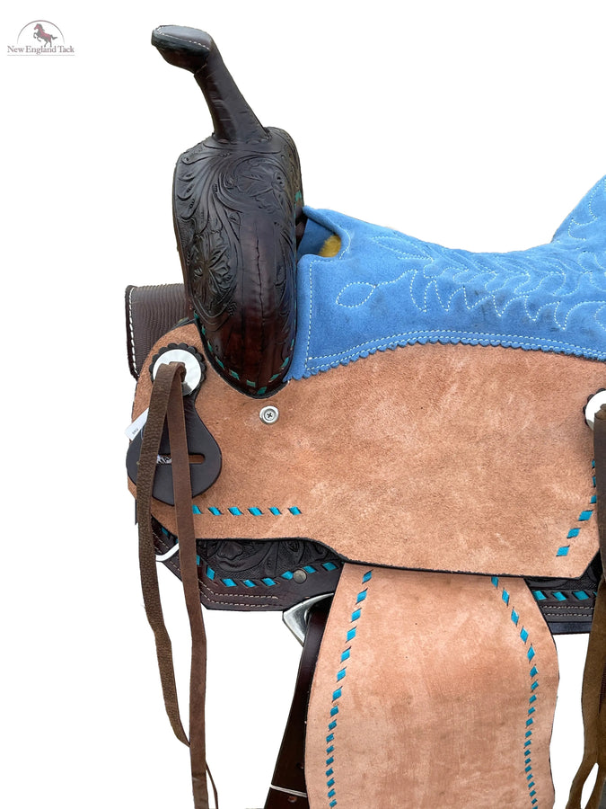 Western Barrel Racing Suede Seat Saddle With Floral Tooled Leather Skirt And Rough Out Fender - 14, 15, 16 Inch NewEngland Tack