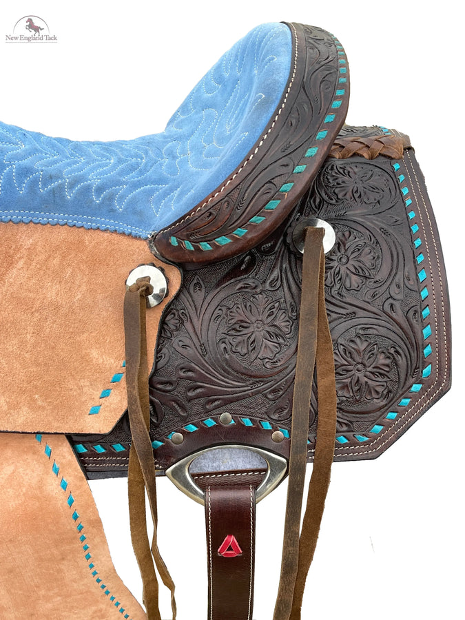 Western Barrel Racing Suede Seat Saddle With Floral Tooled Leather Skirt And Rough Out Fender - 14, 15, 16 Inch NewEngland Tack