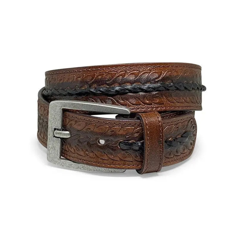 Western Belt - Floral Tooled Leather Center Stitched Line - NewEngland Tack