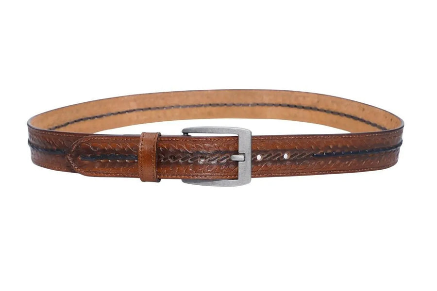 Western Belt - Floral Tooled Leather Center Stitched Line - NewEngland Tack