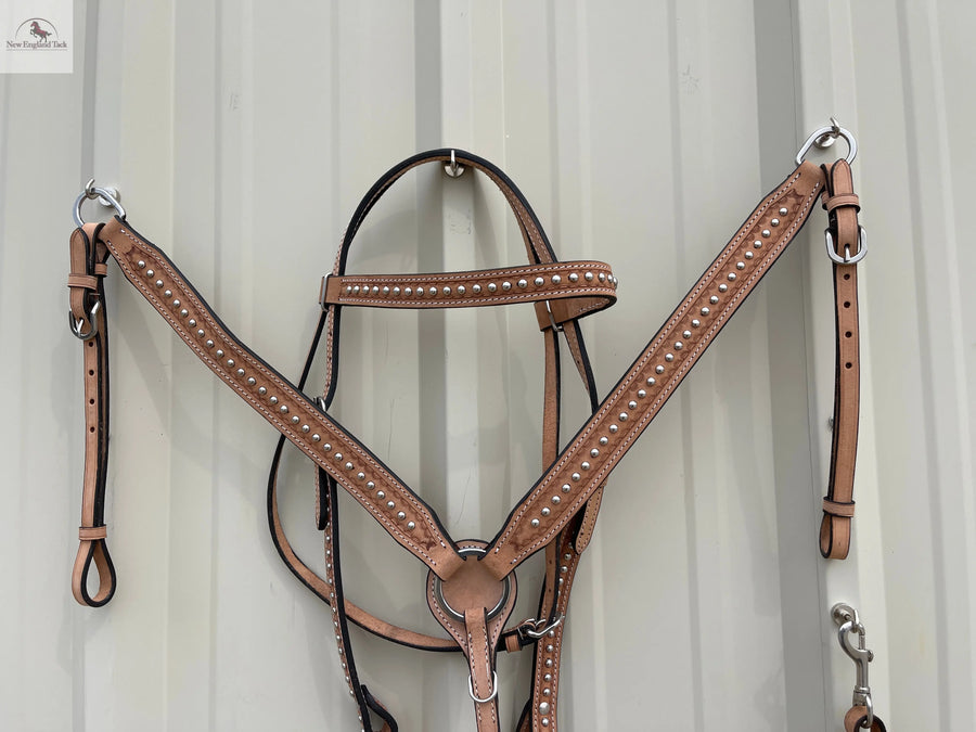 Western Horse Headstall and Breast Collar Set – Genuine Leather, Hand-Tooled with Studded Detailing for Rodeo, Trail & Barrel Racing NewEngland Tack