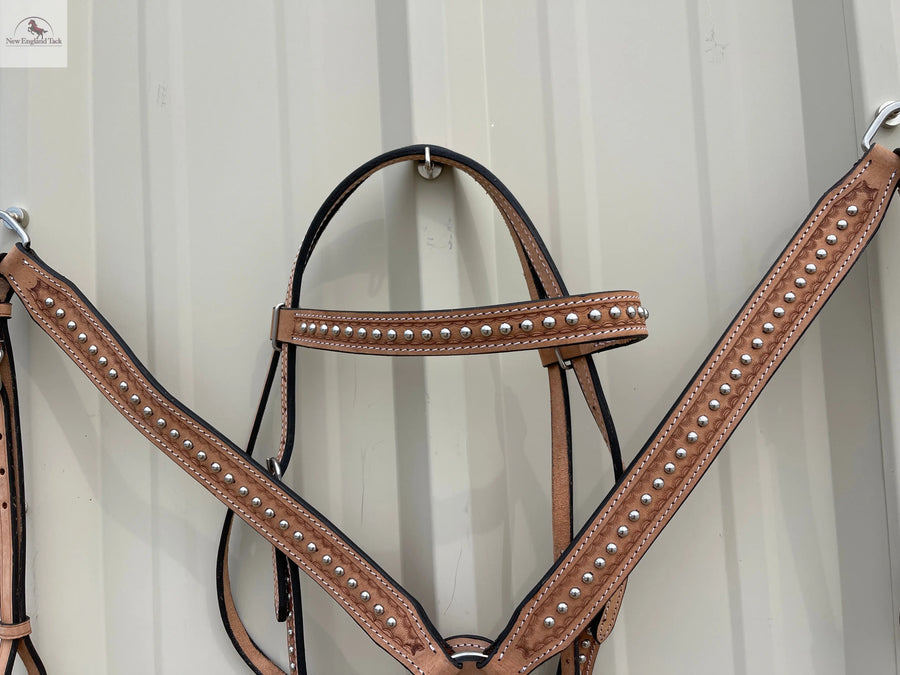 Western Horse Headstall and Breast Collar Set – Genuine Leather, Hand-Tooled with Studded Detailing for Rodeo, Trail & Barrel Racing NewEngland Tack
