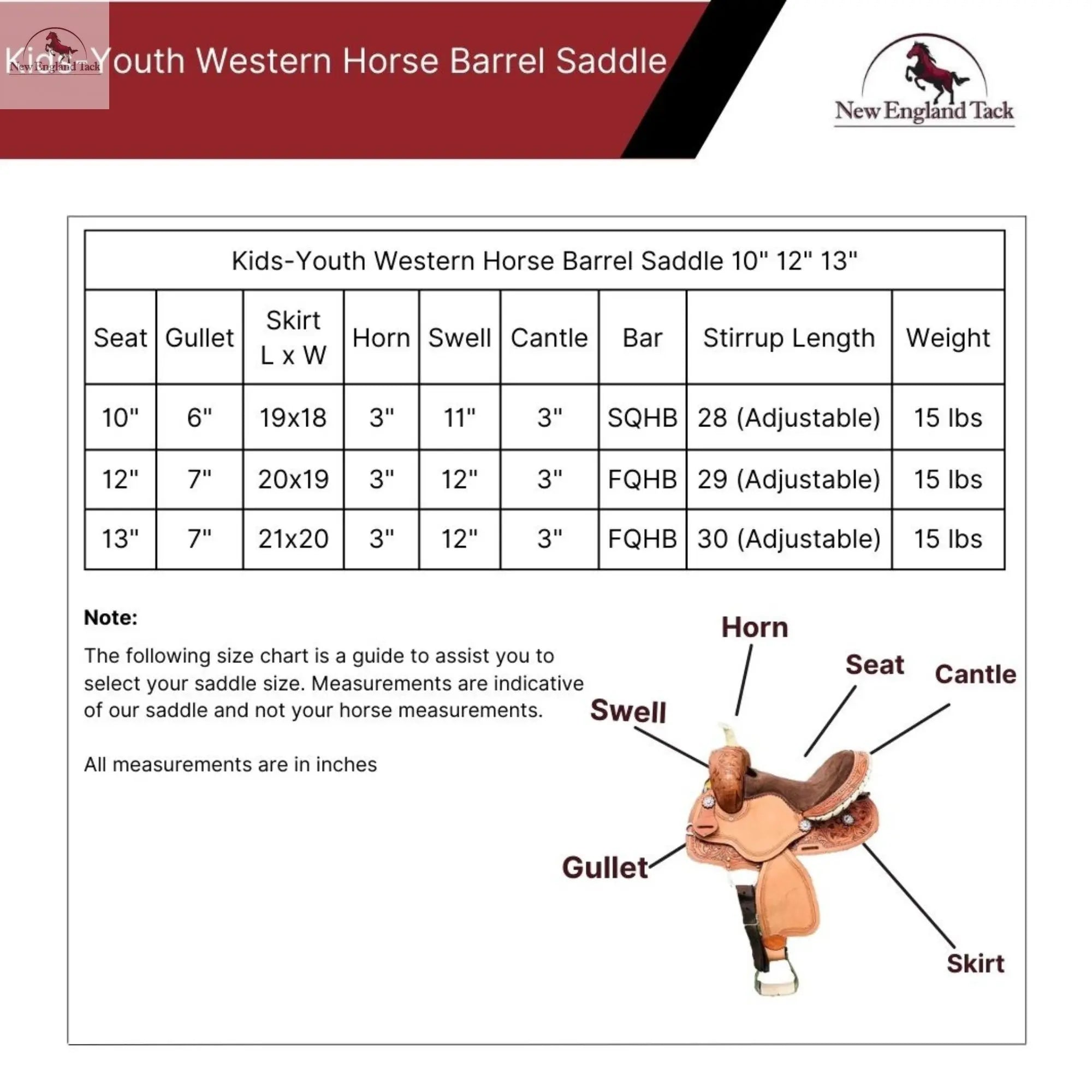 Western Horse Saddle-Barrel Trail Youth-Kids Leather 10