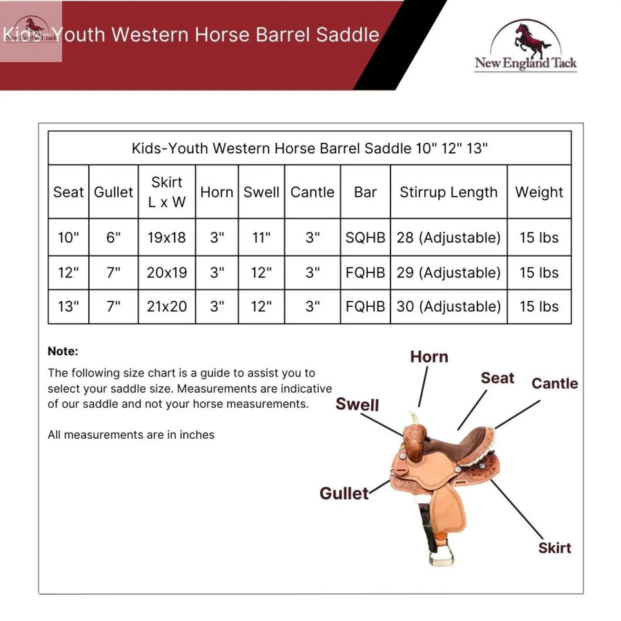 Western Horse Saddle-Barrel Trail Youth-Kids Leather 10"12"13"  With Tack set NewEngland Tack