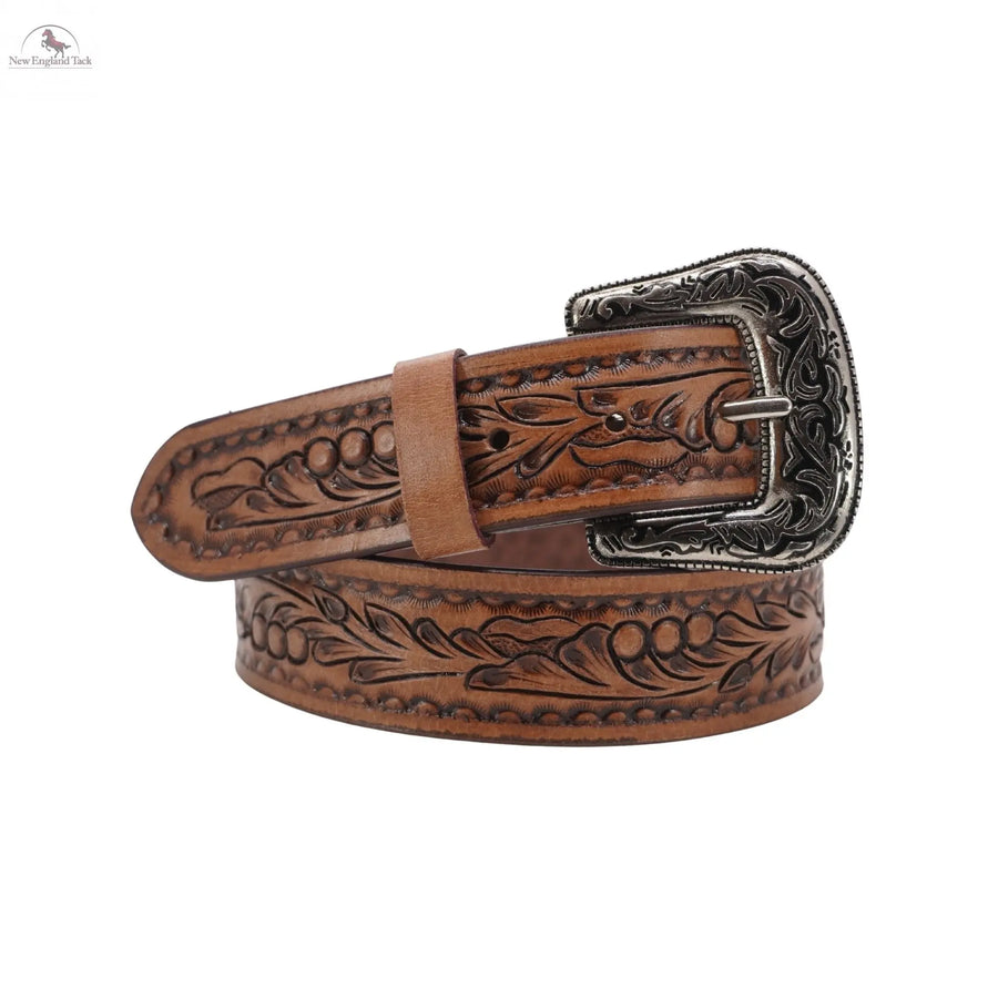 Western Leather Belt- Classic -Floral Leather Tooled Light Brown NewEngland Tack