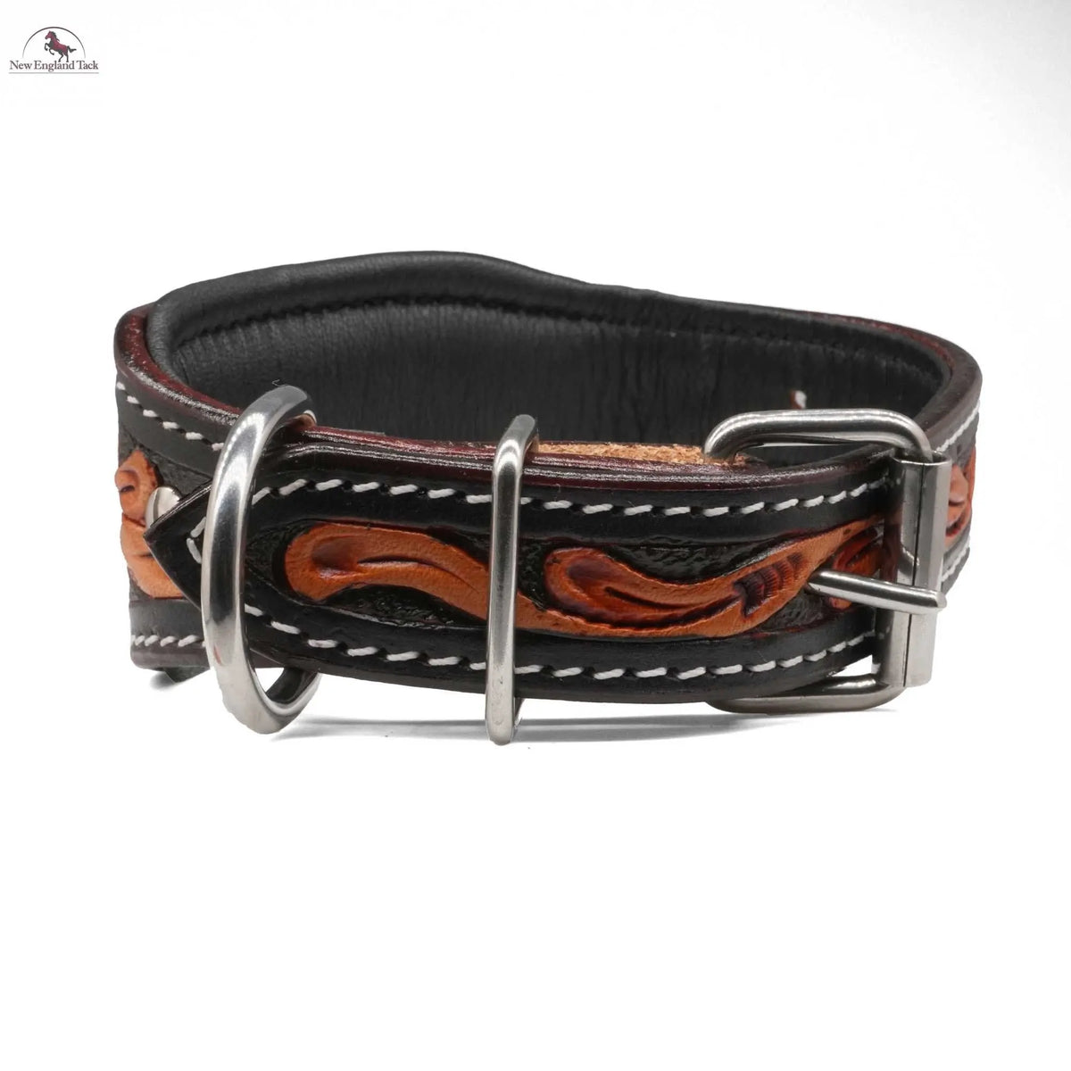 Handcrafted Argentinian Leather Dog Collar with Floral Tooling - Premium Quality NewEngland Tack