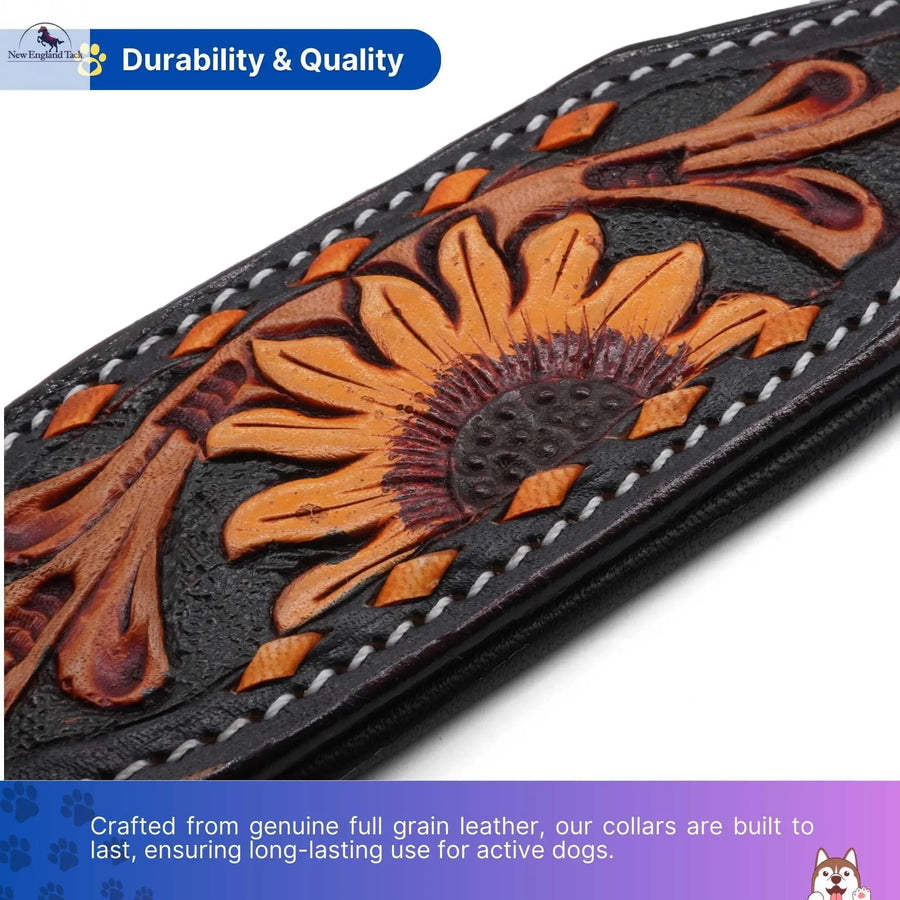 Handcrafted Argentinian Leather Dog Collar with Floral Tooling - Premium Quality NewEngland Tack