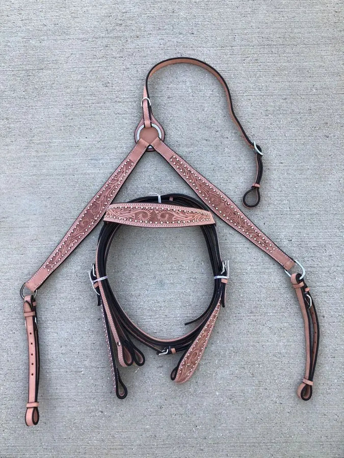 Western Leather Tooled Horse Saddle Tack Set Bridle + Breast Collar - NewEngland Tack