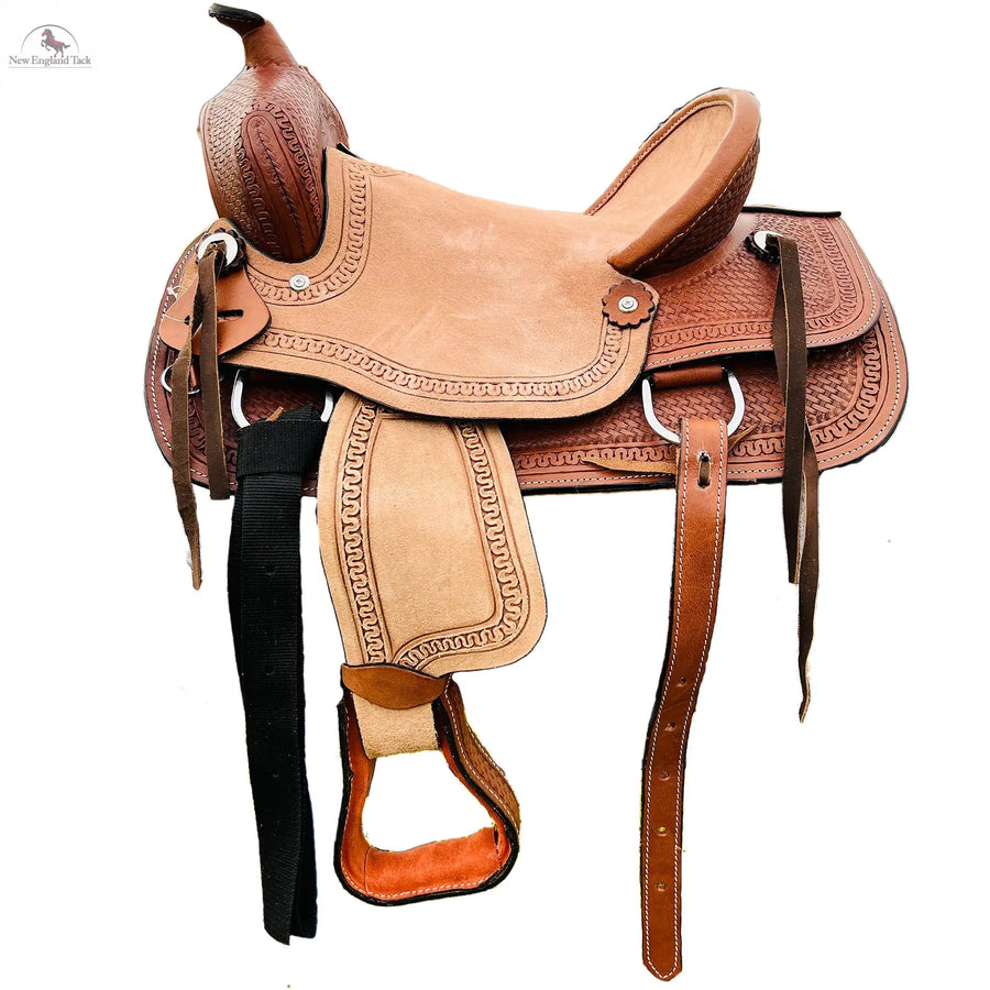 Western Youth Hard Seat Roping Style Saddle With basket weave tool, Leather Skirt and Roughout Seat and Fenders - 10, 12, 13 Inch NewEngland Tack