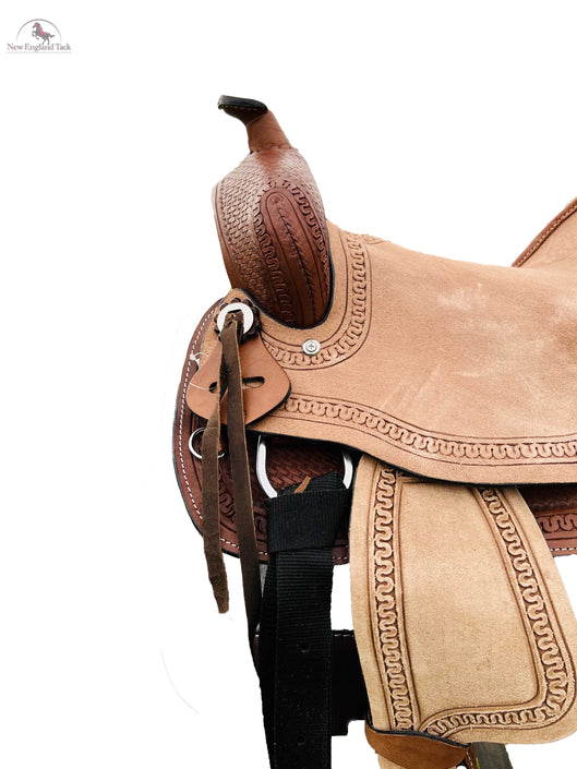 Western Youth Hard Seat Roping Style Saddle With basket weave tool, Leather Skirt and Roughout Seat and Fenders - 10, 12, 13 Inch NewEngland Tack