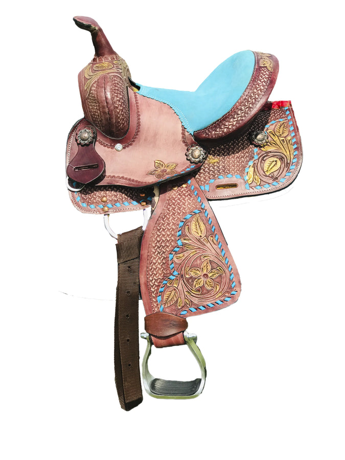 Youth / Pony Single Skirt Western Barrel Saddle With Floral And Basket Weave Tooling NewEngland Tack