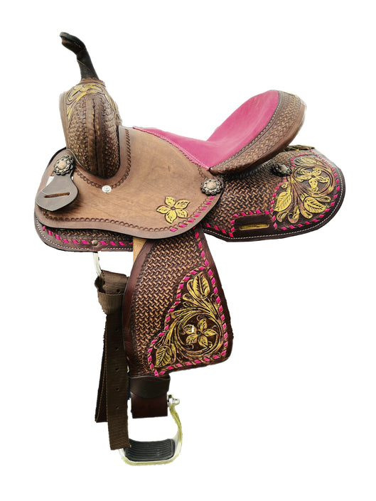 Resistance Youth / Pony Single Skirt Western Barrel Saddle With Floral And Basket Weave Tooling NewEngland Tack