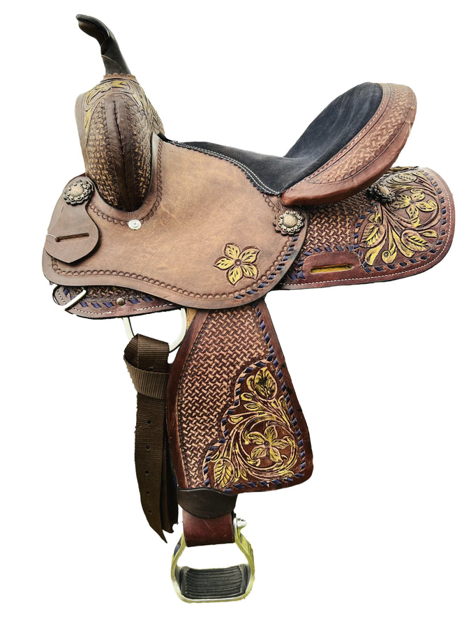Youth / Pony Single Skirt Western Barrel Saddle With Floral And Basket Weave Tooling NewEngland Tack