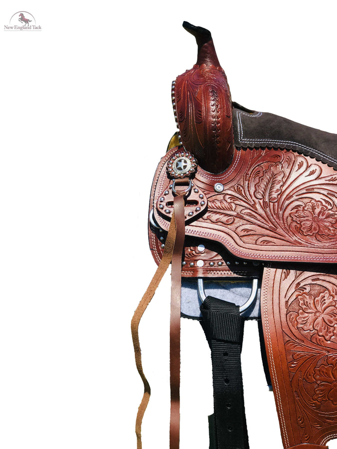 Youth/Pony Silver Dot Embellishment Western Trail Saddle With Floral Tooled Through Skirt & Fender NewEngland Tack