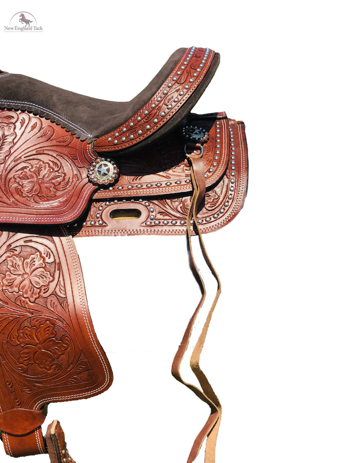 Youth/Pony Silver Dot Embellishment Western Trail Saddle With Floral Tooled Through Skirt & Fender NewEngland Tack