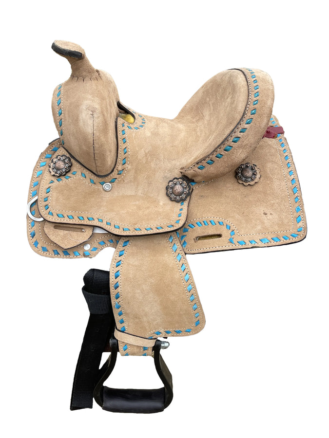 Youth Rough Out Turquoise Backstitch Barrel Saddle 8 inch New England