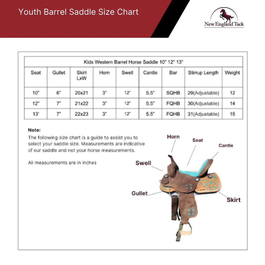 Youth Western Barrel Saddle | Floral Tooled | Genuine Leather | Premium Quality Newenglandtack