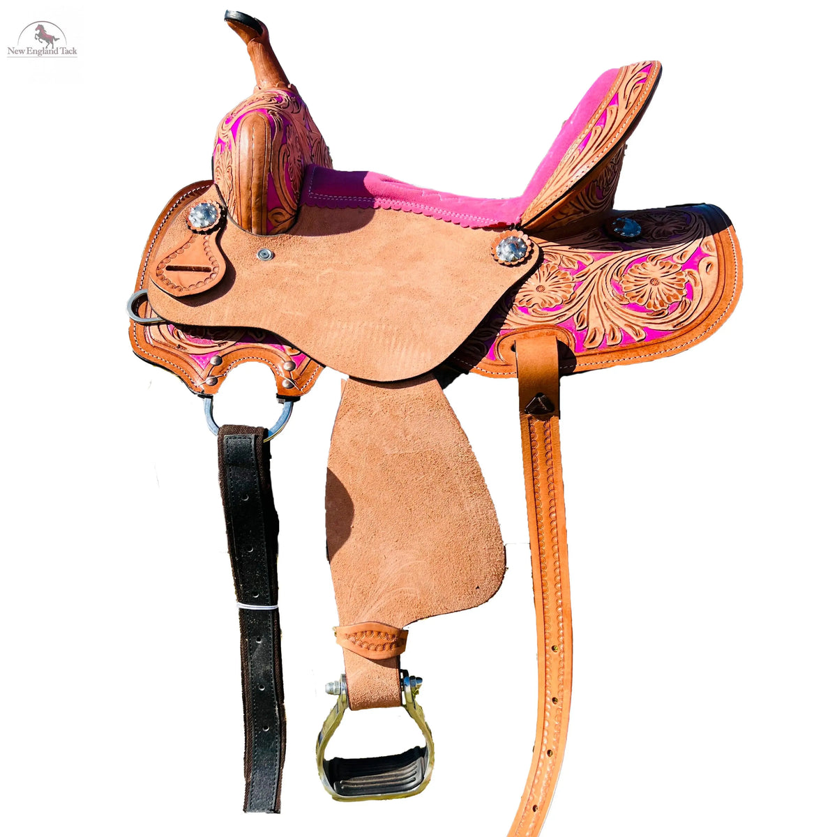 Selle De Cheval Western Barrel Racing En Cuir Floral Avec Têtière, Poitrail Et Rênes