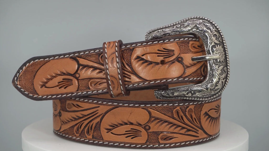 Resistance Premium Western Cowgirl Cowboy Floral Tooled  Argentinian Leather Belt